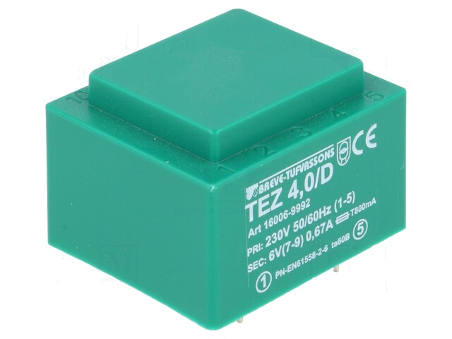 Transformator: ingegoten; 4VA; 230VAC; 6V; 666,6mA; PCB; IP00; TEZ Transformator: ingegoten; 4VA; 230VAC; 6V; 666,6mA; PCB; IP00; TEZ